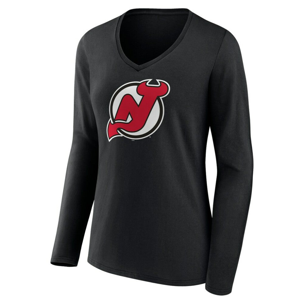 New Jersey Devils Women's Primary Team Logo Long Sleeve V-Neck T-Shirt - Black T-shirts