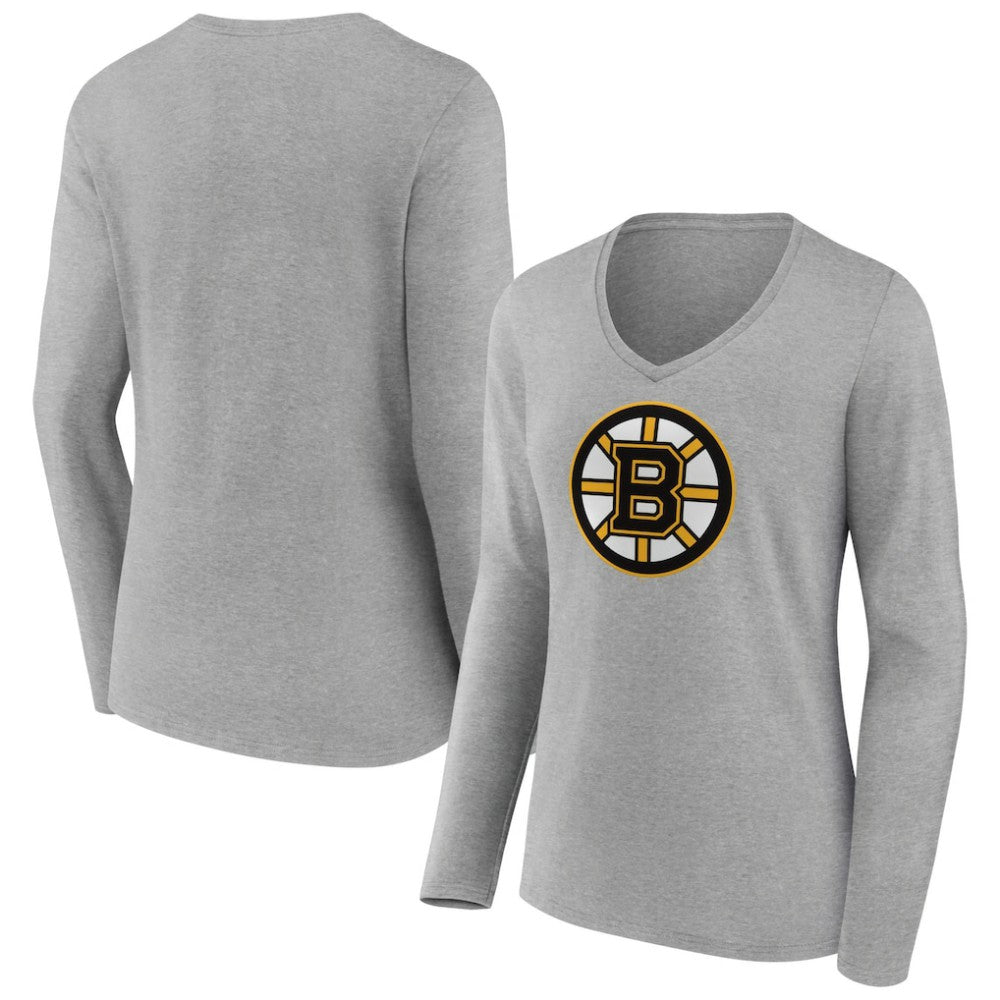 Boston Bruins Women's Primary Logo Team Long Sleeve V-Neck T-Shirt - Heather Gray T-shirts
