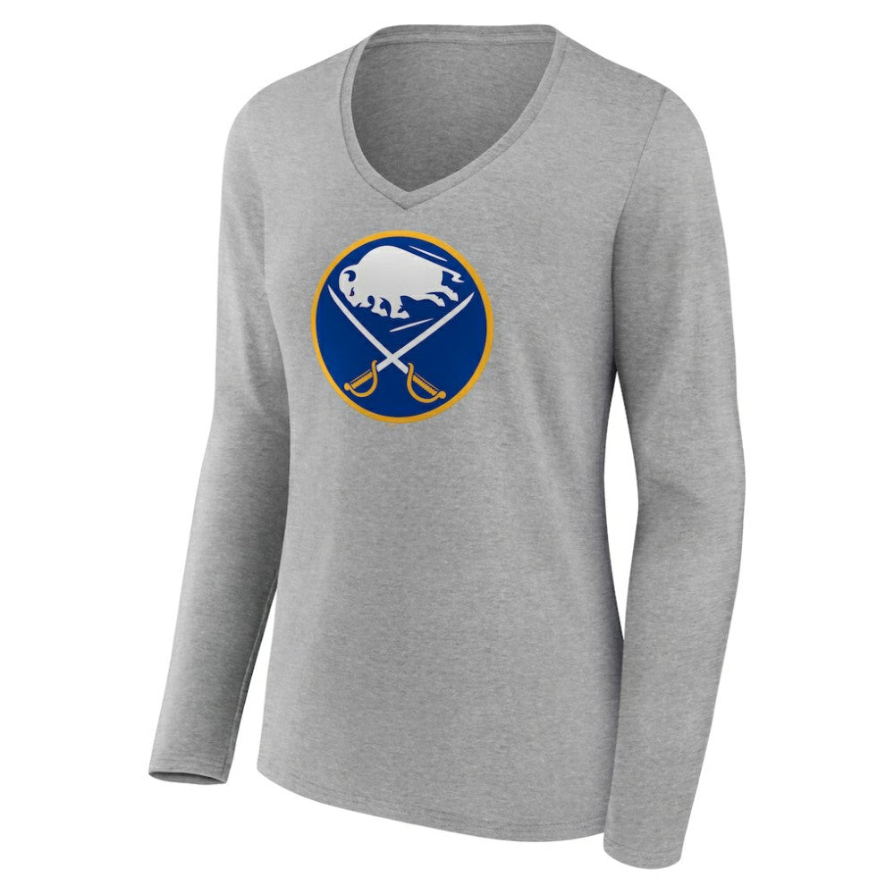 Buffalo Sabres Women's Primary Logo Team Long Sleeve V-Neck T-Shirt - Heather Gray T-shirts