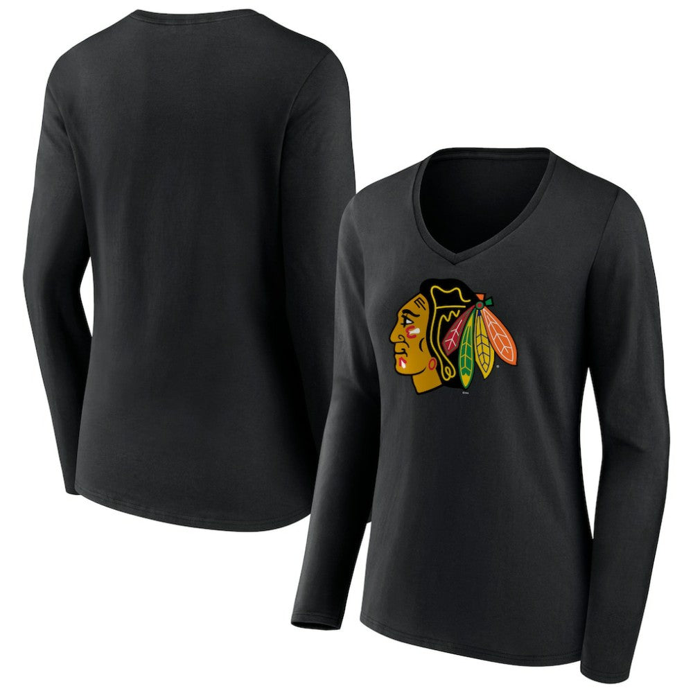 Chicago Blackhawks Women's Primary Team Logo Long Sleeve V-Neck T-Shirt - Black T-shirts