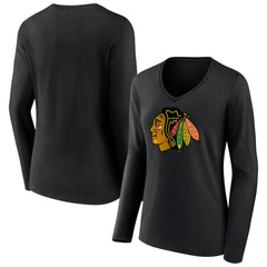 Chicago Blackhawks Women's Primary Team Logo Long Sleeve V-Neck T-Shirt - Black T-shirts