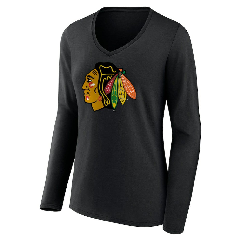 Chicago Blackhawks Women's Primary Team Logo Long Sleeve V-Neck T-Shirt - Black T-shirts