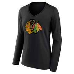 Chicago Blackhawks Women's Primary Team Logo Long Sleeve V-Neck T-Shirt - Black T-shirts