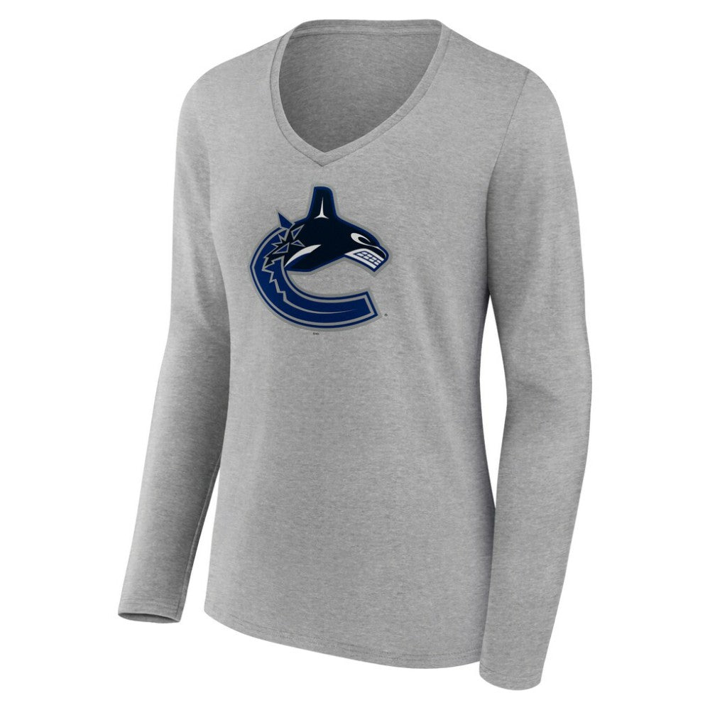Vancouver Canucks Women's Primary Logo Team Long Sleeve V-Neck T-Shirt - Heather Gray T-shirts