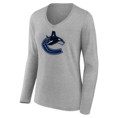 Vancouver Canucks Women's Primary Logo Team Long Sleeve V-Neck T-Shirt - Heather Gray T-shirts