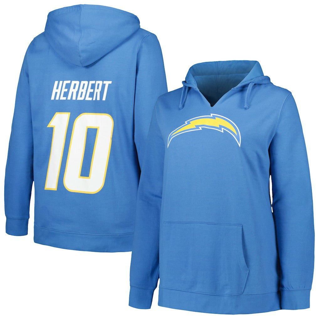 Justin Herbert Los Angeles Chargers Profile Women's Plus Size Player Name & Number Pullover Hoodie - Powder Blue discount