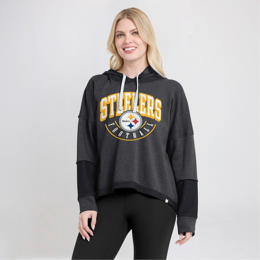 Pittsburgh Steelers Women's Lightewight Modest Crop Lounge Helmet Arch Pullover Hoodie - Charcoal online