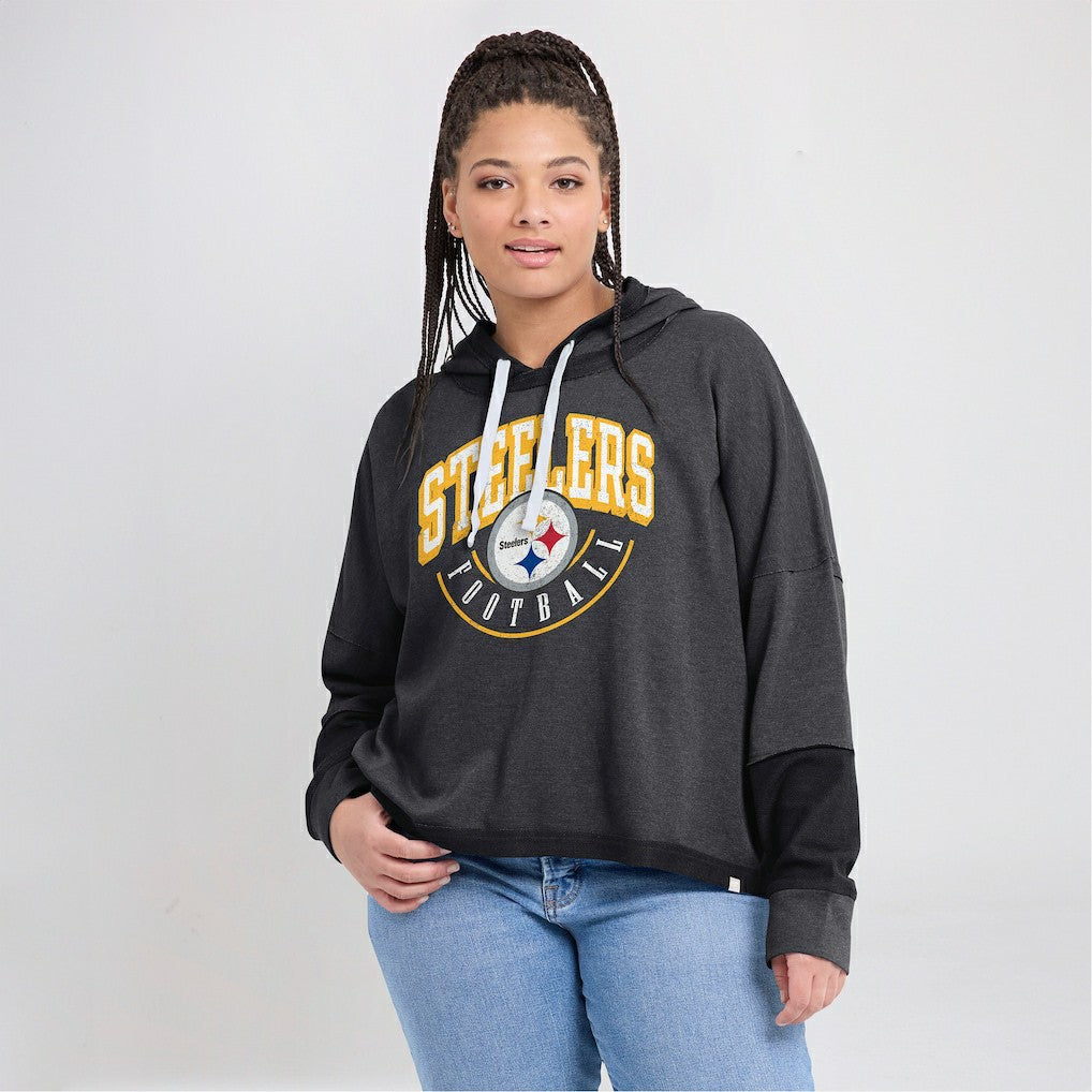 Pittsburgh Steelers Women's Lightewight Modest Crop Lounge Helmet Arch Pullover Hoodie - Charcoal online