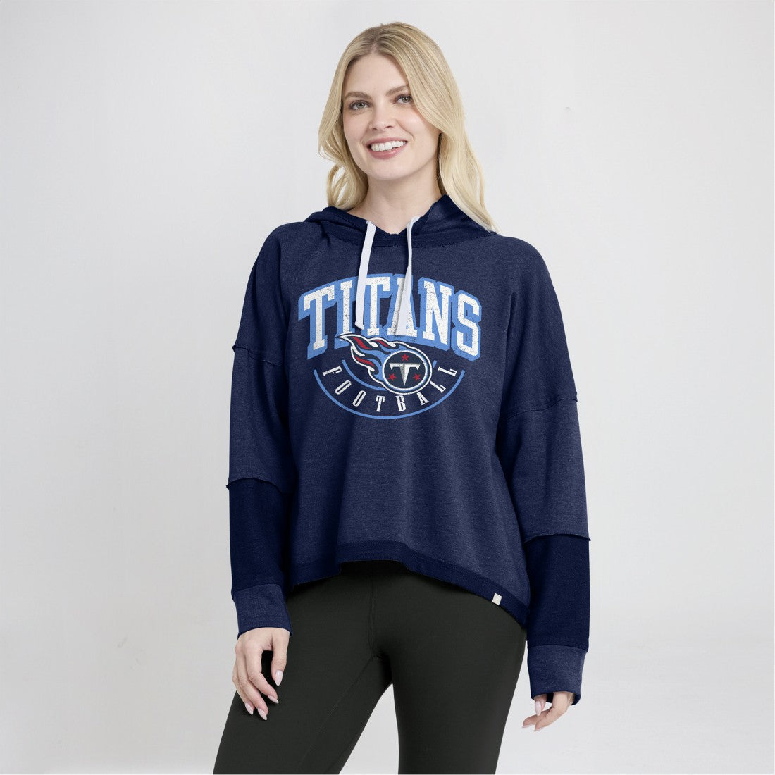 Tennessee Titans Women's Lightewight Modest Crop Lounge Helmet Arch Pullover Hoodie - Navy for sale
