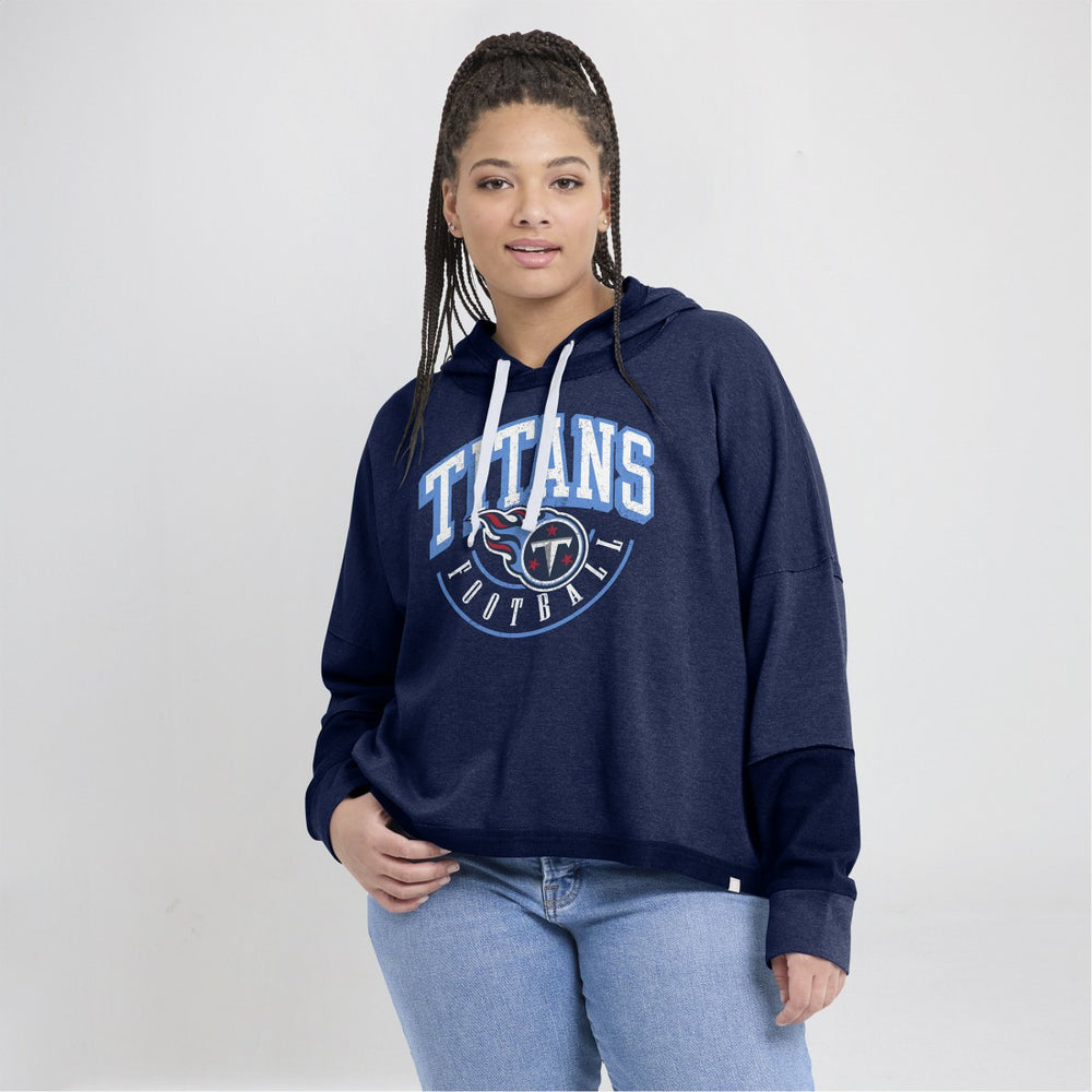 Tennessee Titans Women's Lightewight Modest Crop Lounge Helmet Arch Pullover Hoodie - Navy for sale