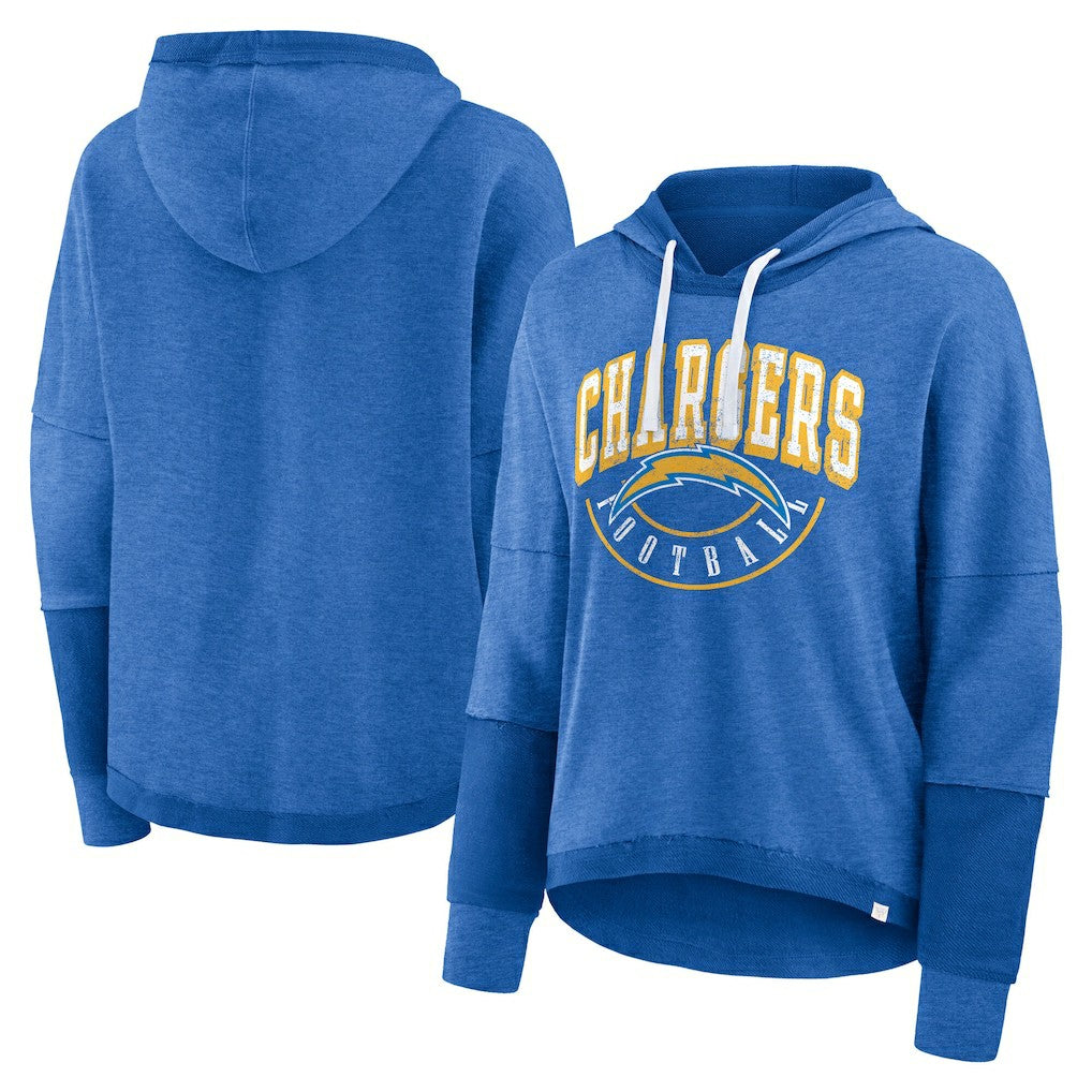 Los Angeles Chargers Women's Lightewight Modest Crop Lounge Helmet Arch Pullover Hoodie - Powder Blue for sale