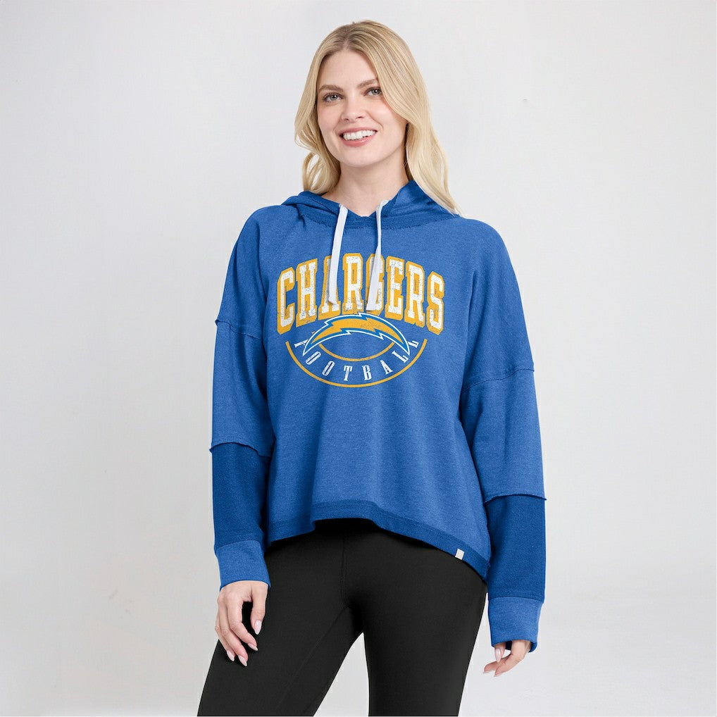 Los Angeles Chargers Women's Lightewight Modest Crop Lounge Helmet Arch Pullover Hoodie - Powder Blue for sale