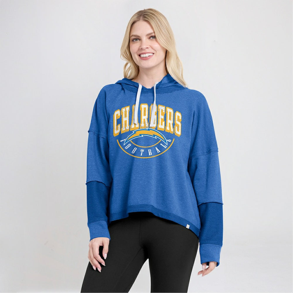 Los Angeles Chargers Women's Lightewight Modest Crop Lounge Helmet Arch Pullover Hoodie - Powder Blue for sale
