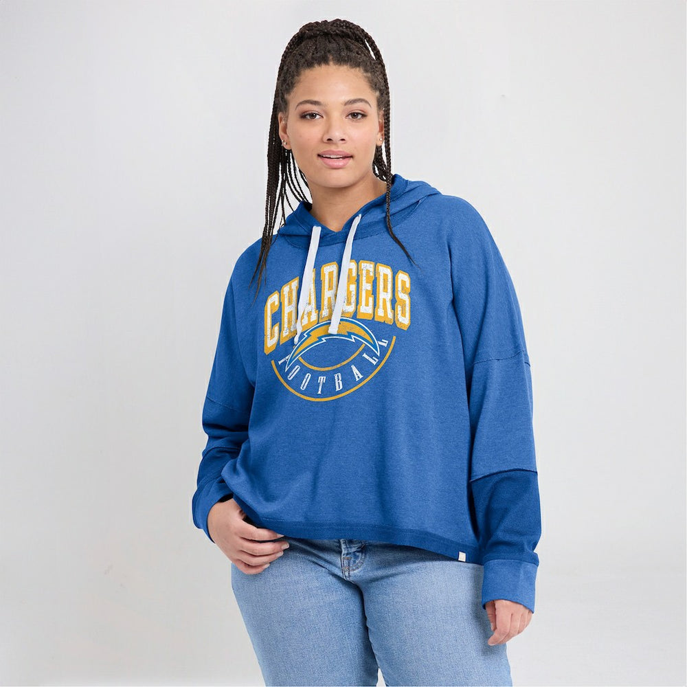 Los Angeles Chargers Women's Lightewight Modest Crop Lounge Helmet Arch Pullover Hoodie - Powder Blue for sale