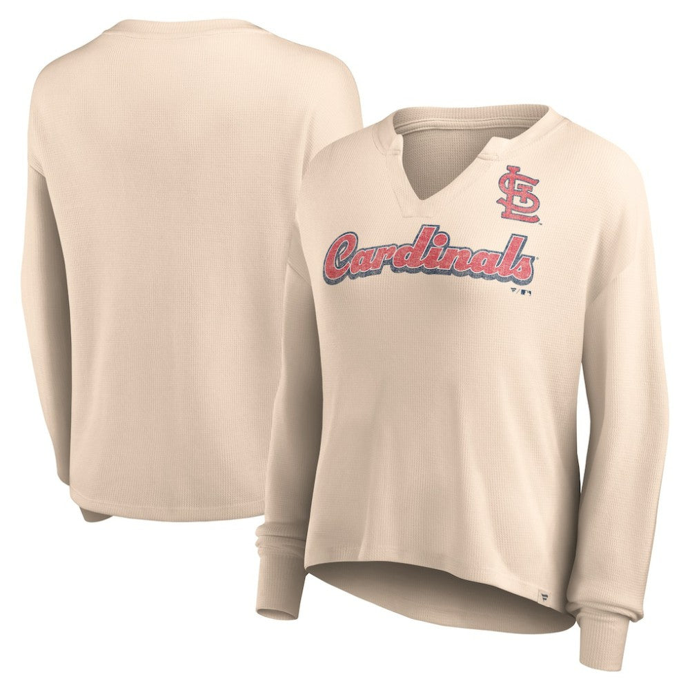 St. Louis Cardinals Women's Go For It Waffle Knit Long Sleeve Notch Neck T-Shirt Cream