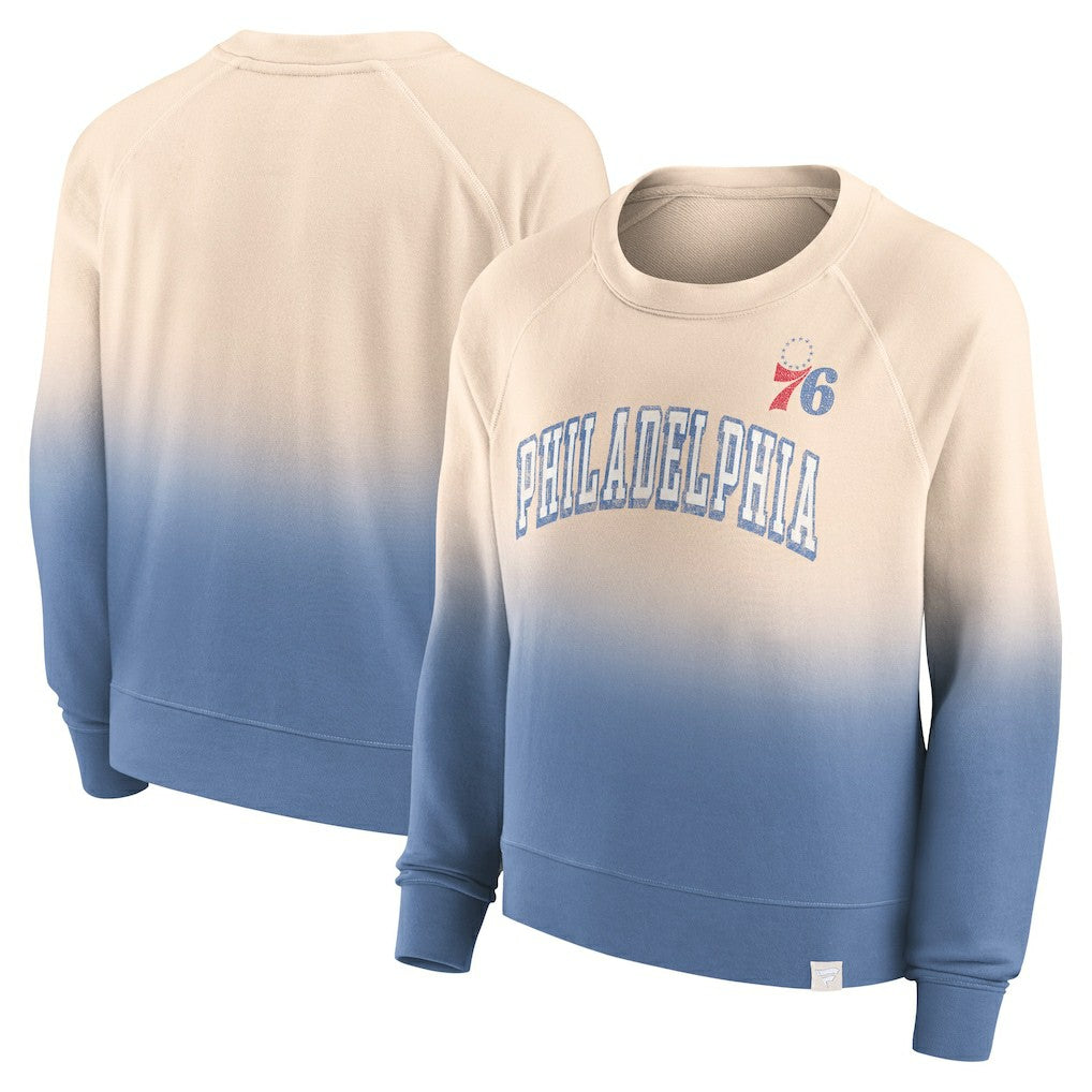 Philadelphia 76ers Women's Lounge Arch Raglan Pullover Sweatshirt - Tan/Royal for sale