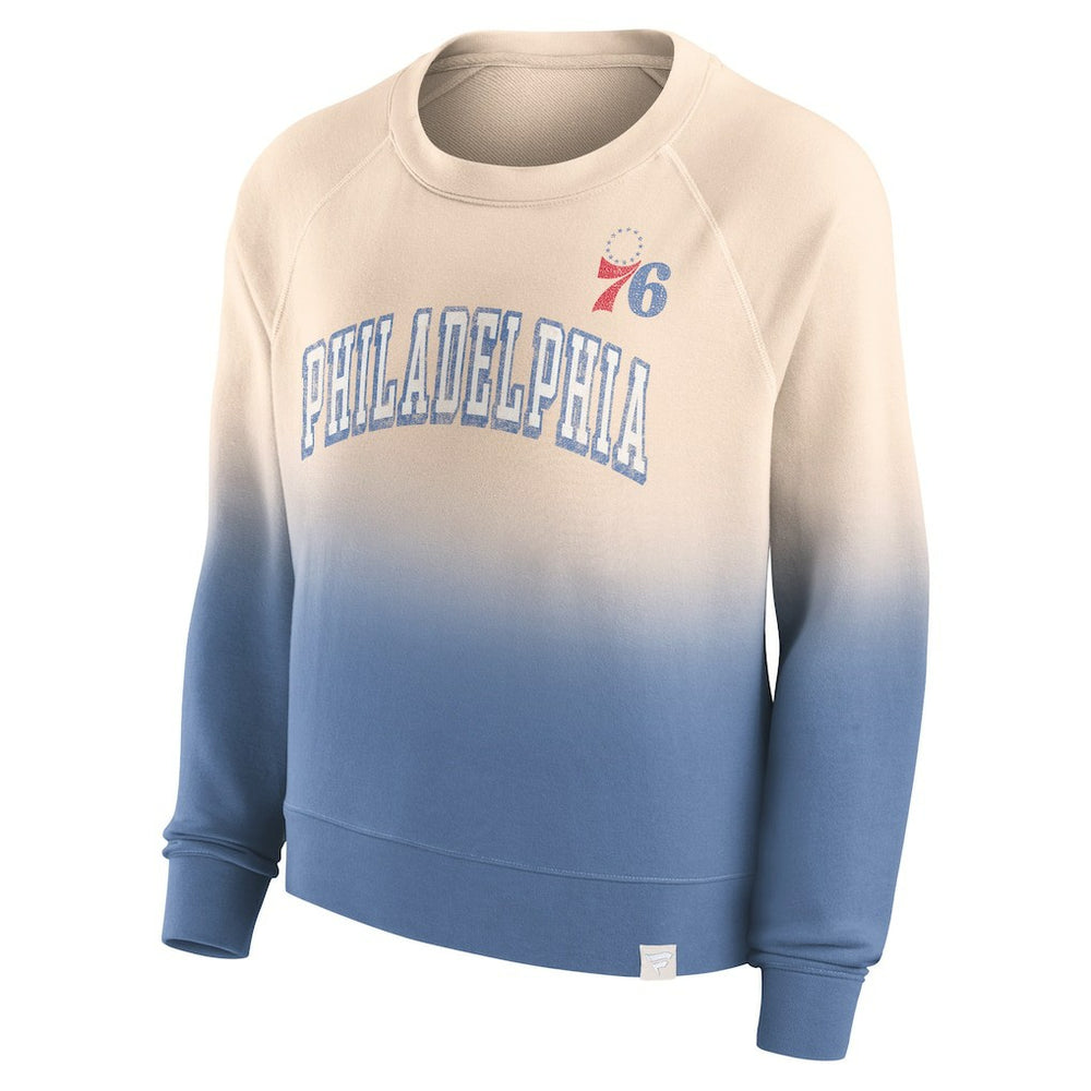 Philadelphia 76ers Women's Lounge Arch Raglan Pullover Sweatshirt - Tan/Royal for sale