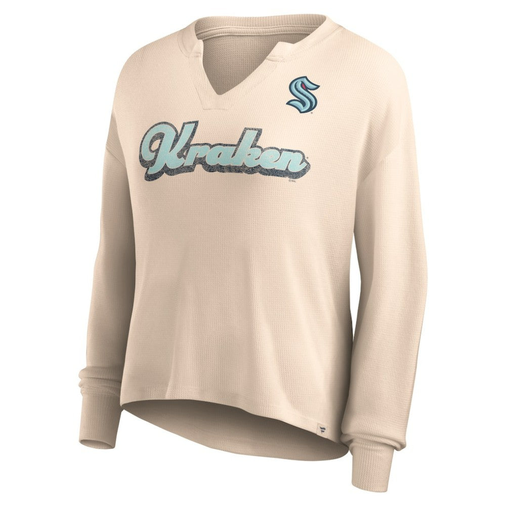 Seattle Kraken Fanatics Women's Go For It Notch Neck Waffle Knit Long Sleeve T-Shirt - Oatmeal T-shirts