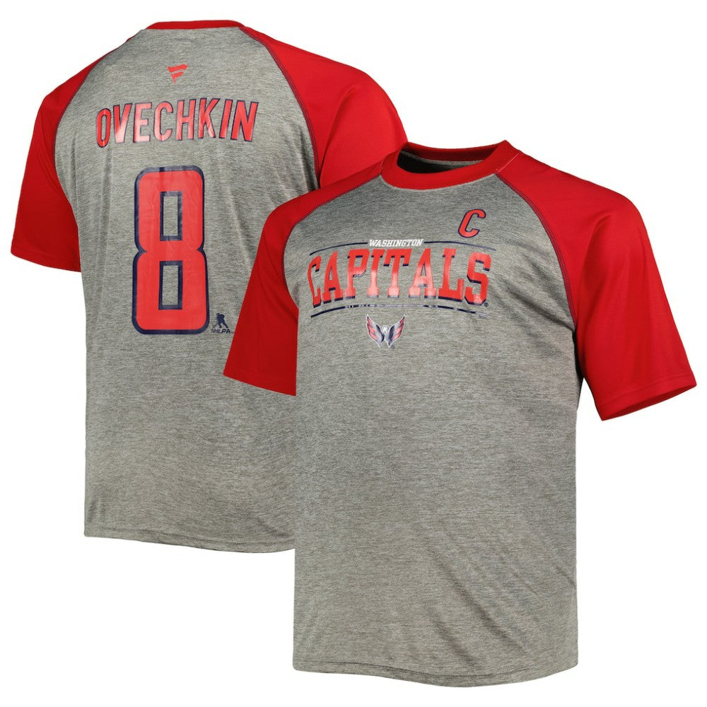 Alexander Ovechkin Washington Capitals Fanatics Big & Tall Captain Patch Contrast Raglan Name & Number T-Shirt - Heather Gray/Red T-shirts