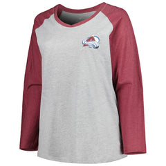 Nathan MacKinnon Colorado Avalanche Fanatics Women's Plus Size Name & Number Raglan Long Sleeve T-Shirt - Heather Gray/Heather Burgundy T-shirts