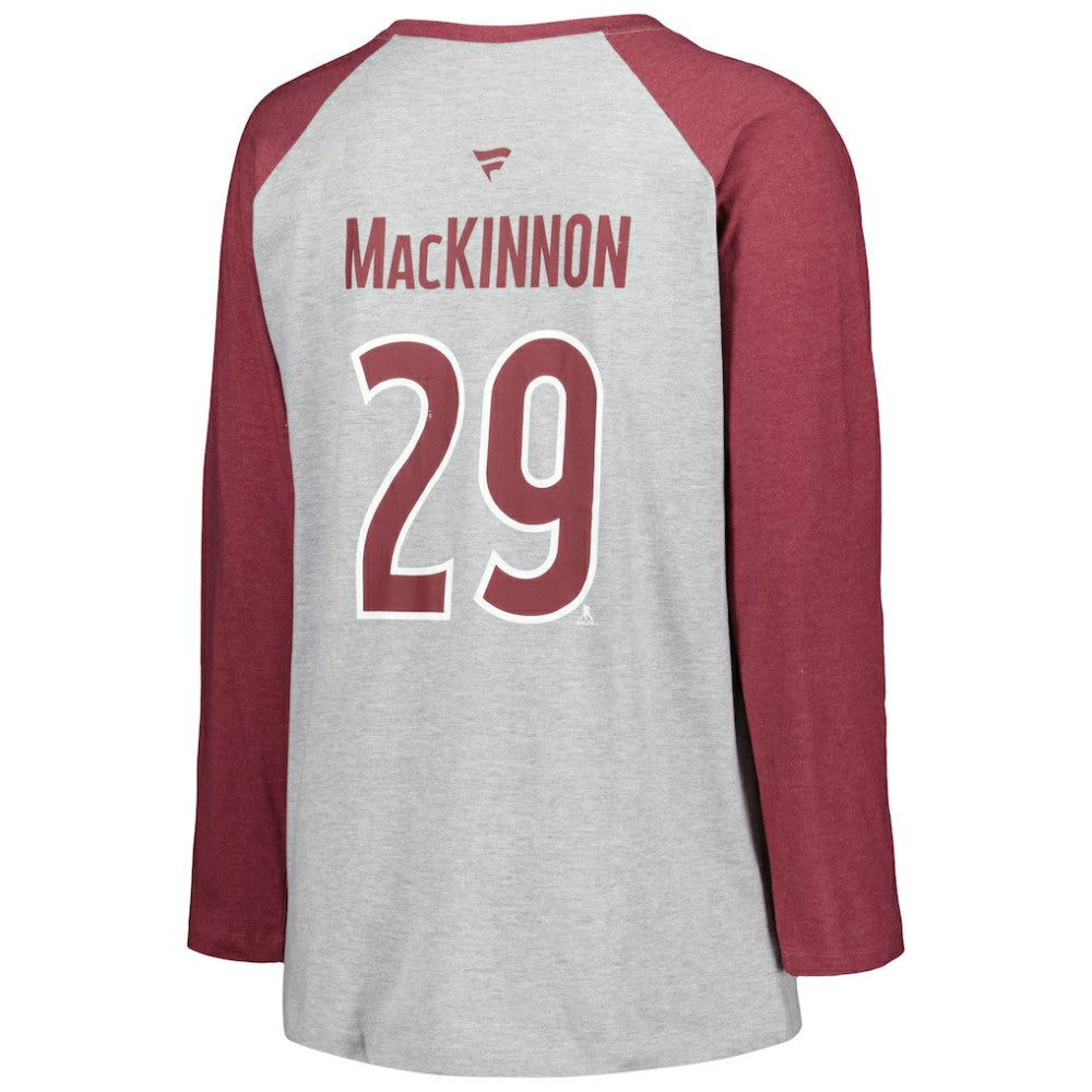 Nathan MacKinnon Colorado Avalanche Fanatics Women's Plus Size Name & Number Raglan Long Sleeve T-Shirt - Heather Gray/Heather Burgundy T-shirts