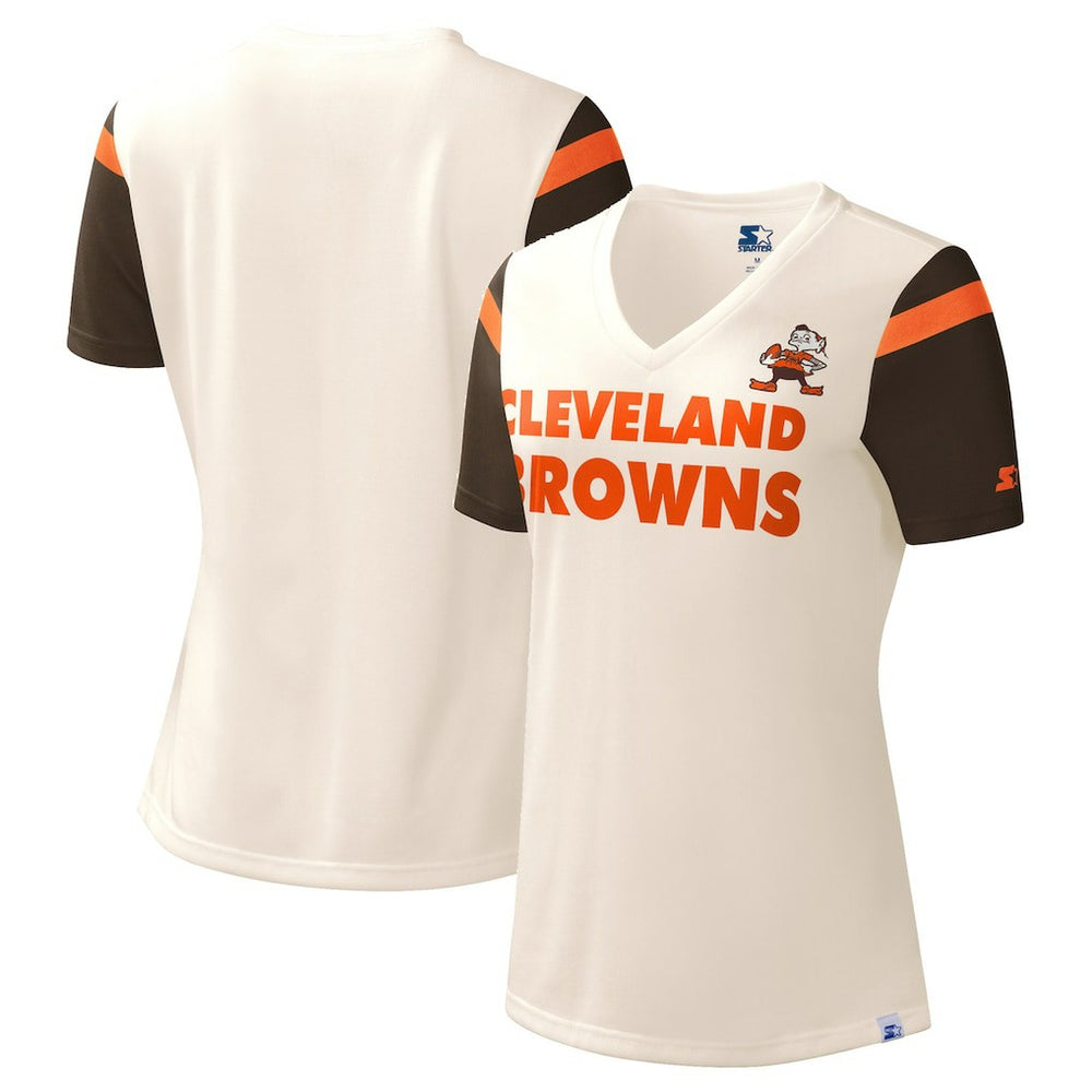 Cleveland Browns Starter Women's Kick Start V-Neck T-Shirt - Cream cheap