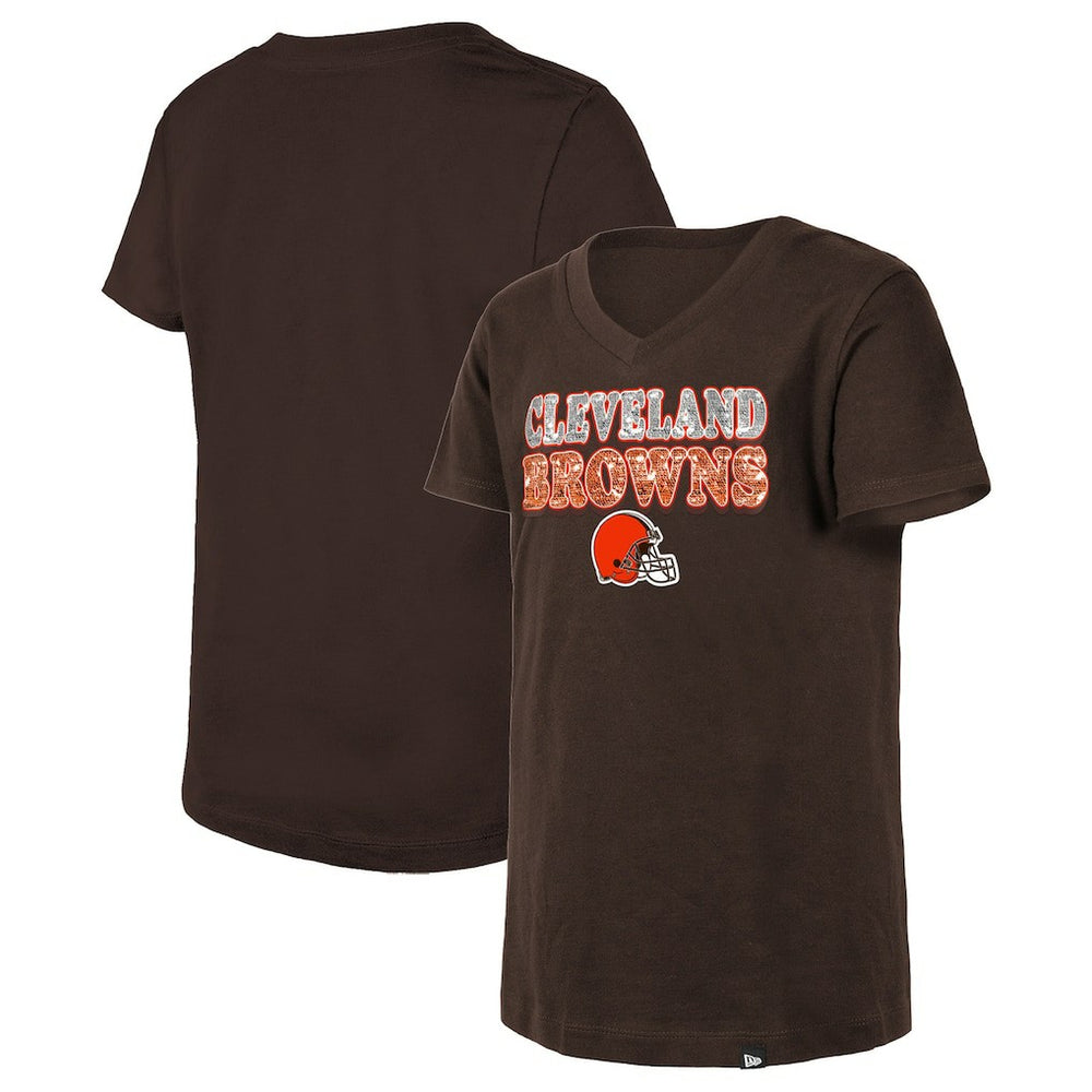 Cleveland Browns New Era Girls Youth Reverse Sequin V-Neck T-Shirt - Brown cheap