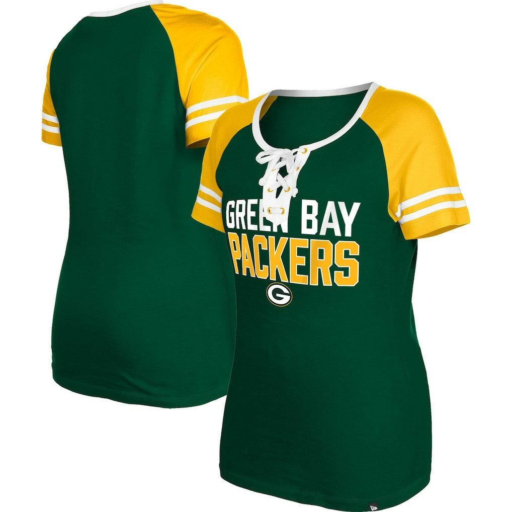 Green Bay Packers New Era Women's Raglan Lace-Up T-Shirt - Green on sale