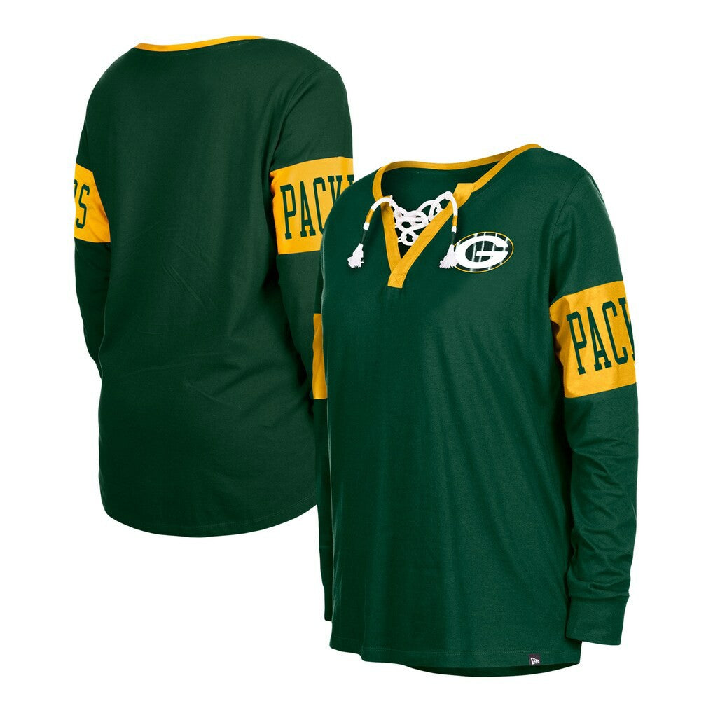 Green Bay Packers New Era Women's Lace-Up Notch Neck Long Sleeve T-Shirt - Green sale
