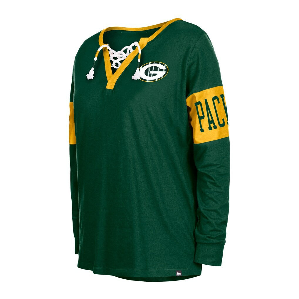Green Bay Packers New Era Women's Lace-Up Notch Neck Long Sleeve T-Shirt - Green sale