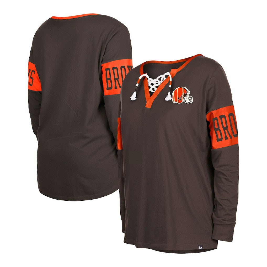 Cleveland Browns New Era Women's Lace-Up Notch Neck Long Sleeve T-Shirt - Brown outlet