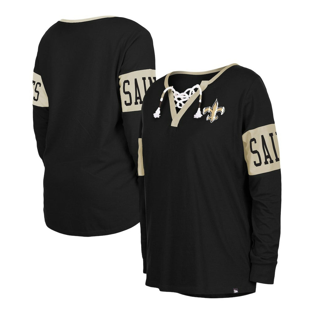 New Orleans Saints New Era Women's Lace-Up Notch Neck Long Sleeve T-Shirt - Black for sale