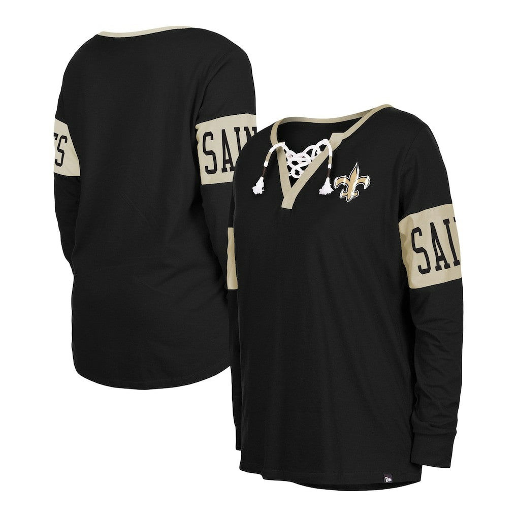 New Orleans Saints New Era Women's Lace-Up Notch Neck Long Sleeve T-Shirt - Black for sale