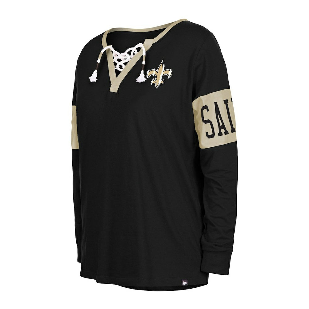 New Orleans Saints New Era Women's Lace-Up Notch Neck Long Sleeve T-Shirt - Black for sale