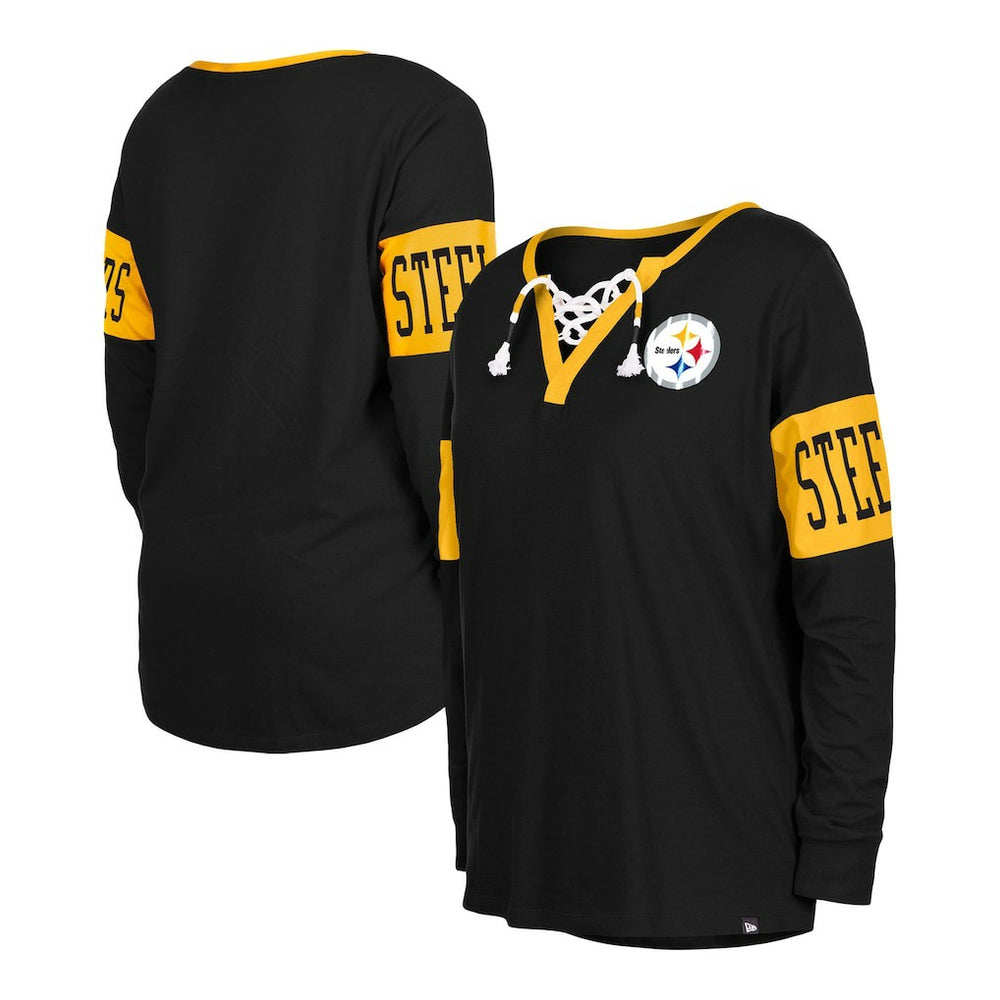 Pittsburgh Steelers New Era Women's Lace-Up Notch Neck Long Sleeve T-Shirt - Black outlet