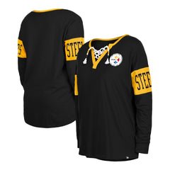 Pittsburgh Steelers New Era Women's Lace-Up Notch Neck Long Sleeve T-Shirt - Black outlet