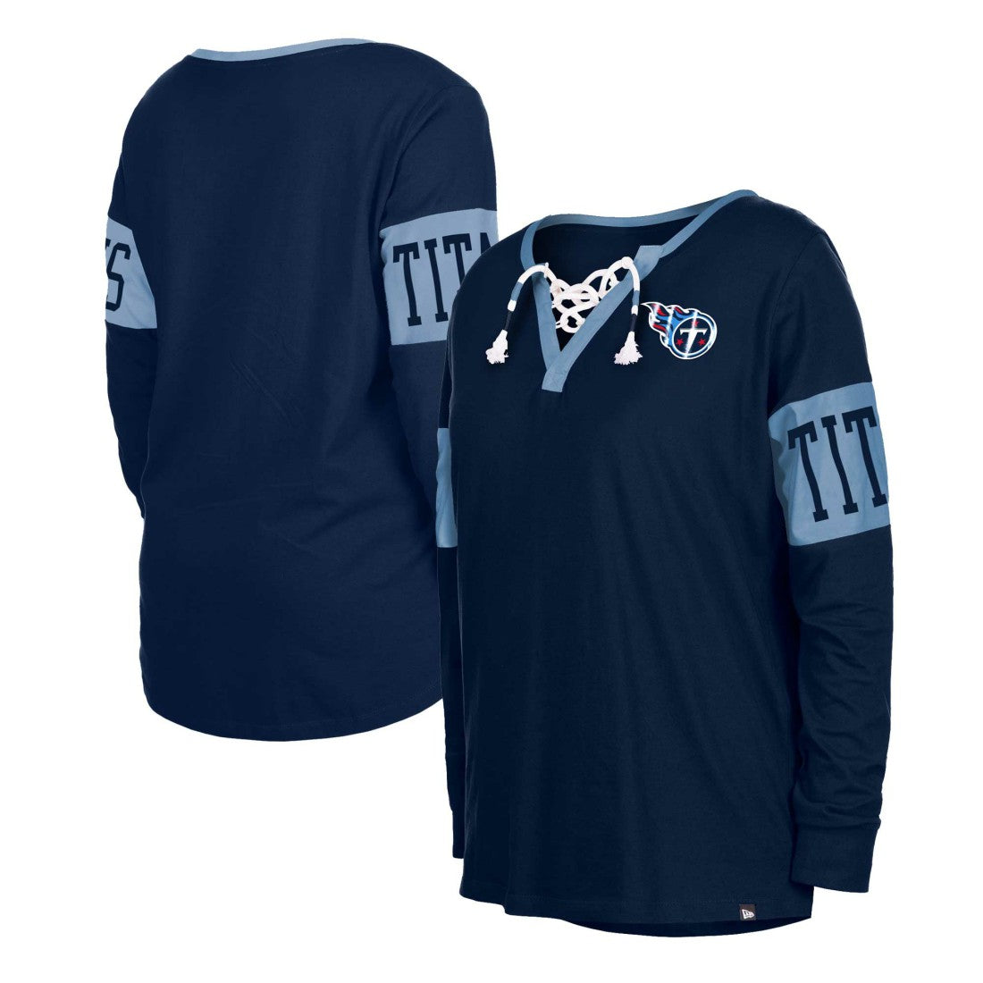 Tennessee Titans New Era Women's Lace-Up Notch Neck Long Sleeve T-Shirt - Navy on sale