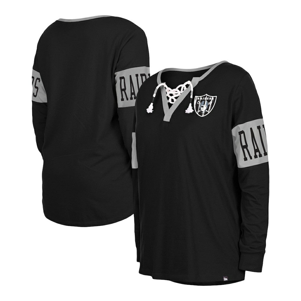 Las Vegas Raiders New Era Women's Lace-Up Notch Neck Long Sleeve T-Shirt - Black outlet