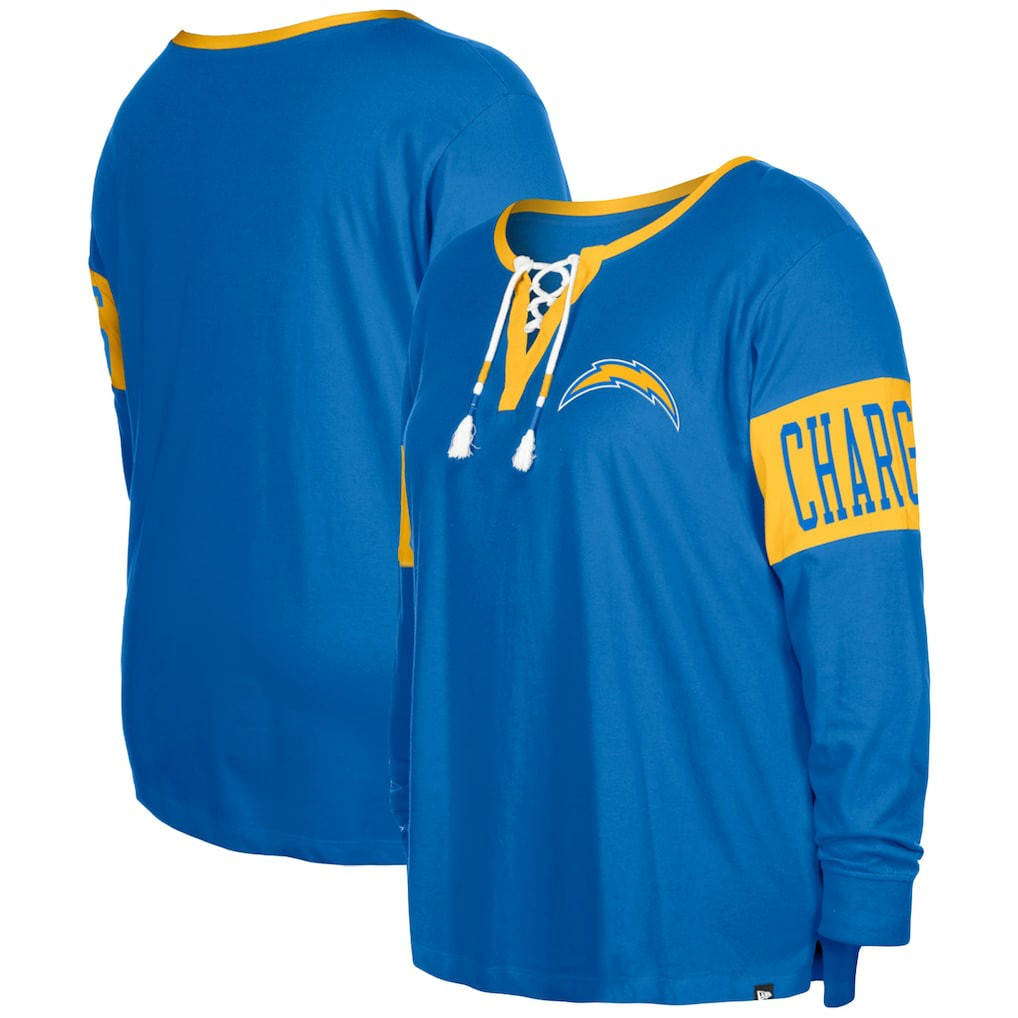 Los Angeles Chargers New Era Women's Plus Size Lace-Up Notch Neck Long Sleeve T-Shirt - Powder Blue for sale