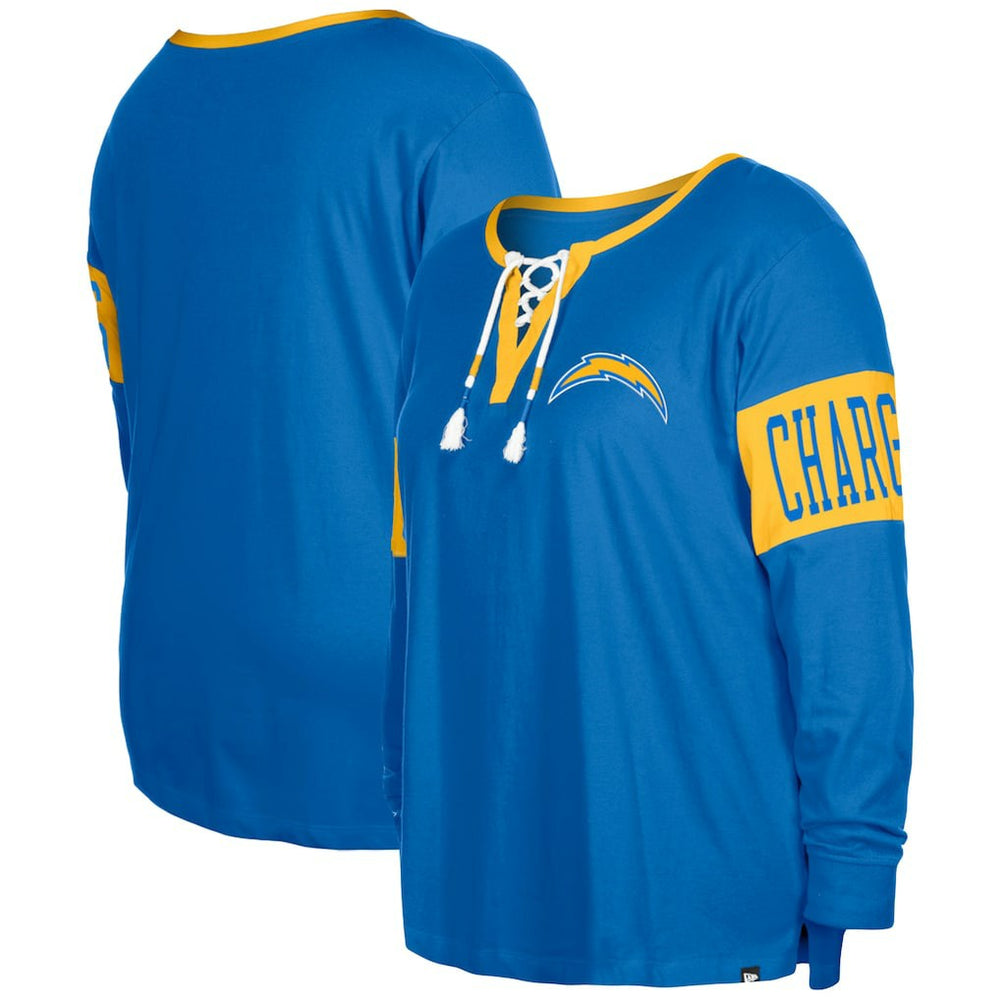 Los Angeles Chargers New Era Women's Plus Size Lace-Up Notch Neck Long Sleeve T-Shirt - Powder Blue for sale