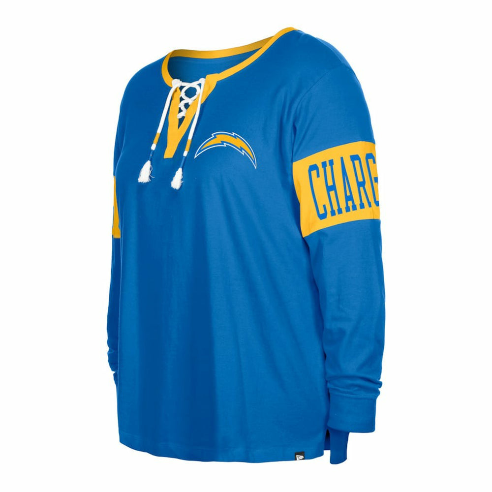 Los Angeles Chargers New Era Women's Plus Size Lace-Up Notch Neck Long Sleeve T-Shirt - Powder Blue for sale