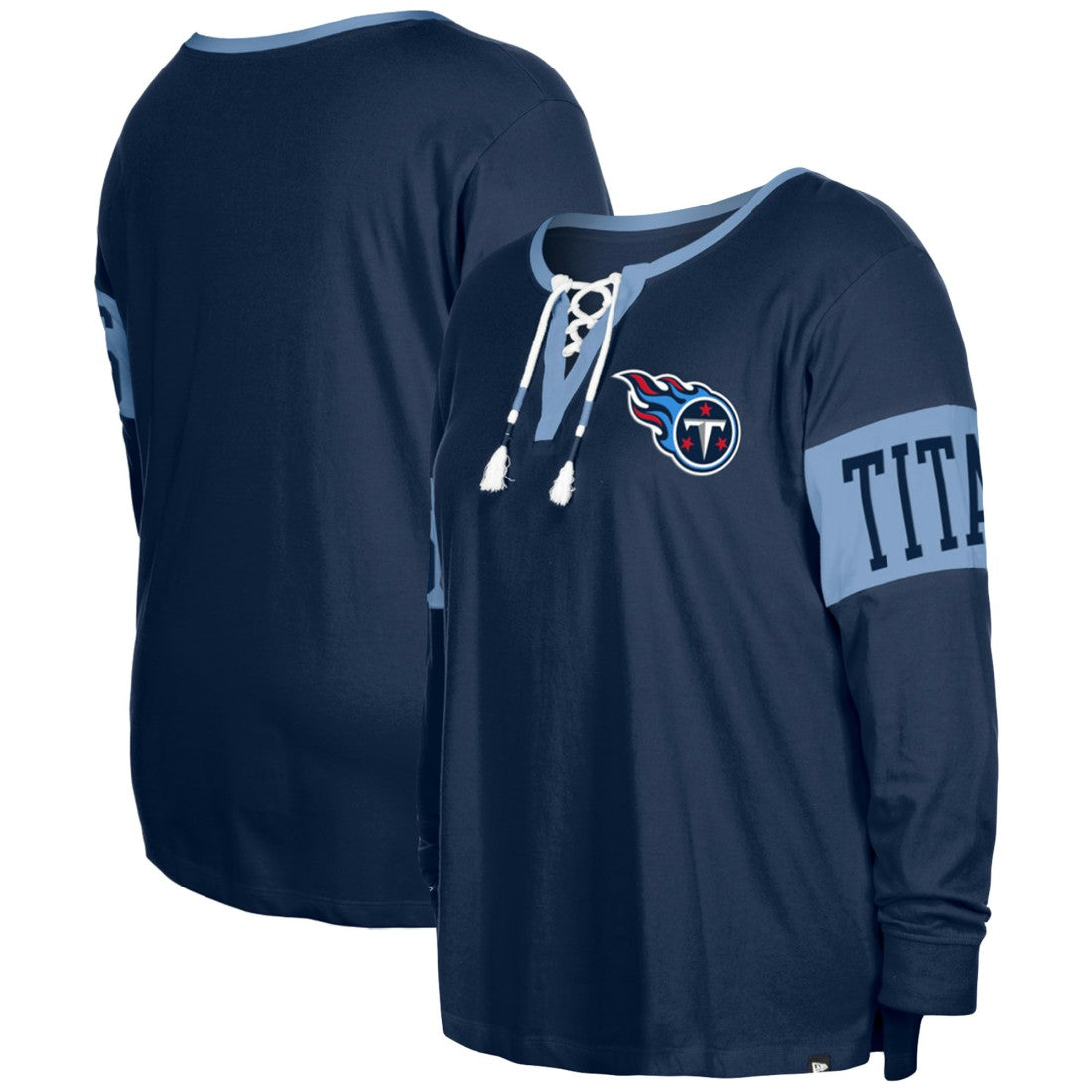 Tennessee Titans New Era Women's Plus Size Lace-Up Notch Neck Long Sleeve T-Shirt - Navy discount