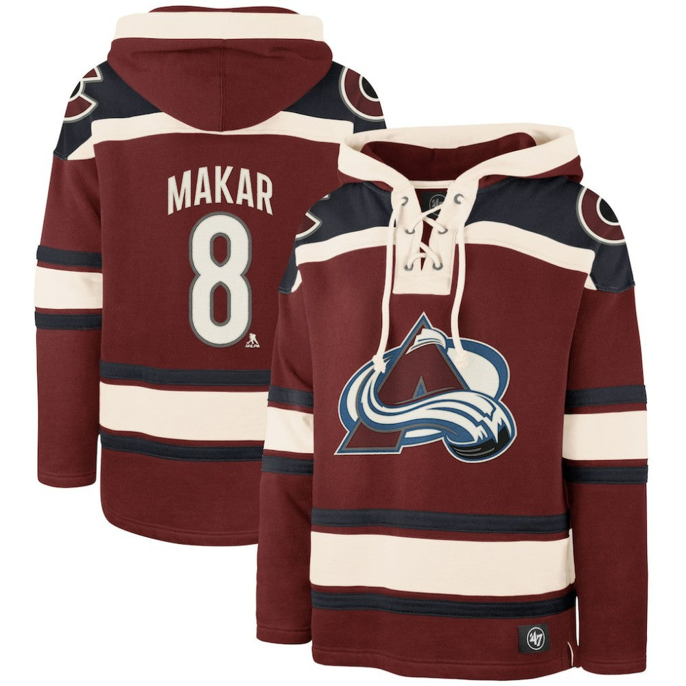 Cale Makar Colorado Avalanche '47 Player Name & Number Lacer Pullover Hoodie - Burgundy Hoodies