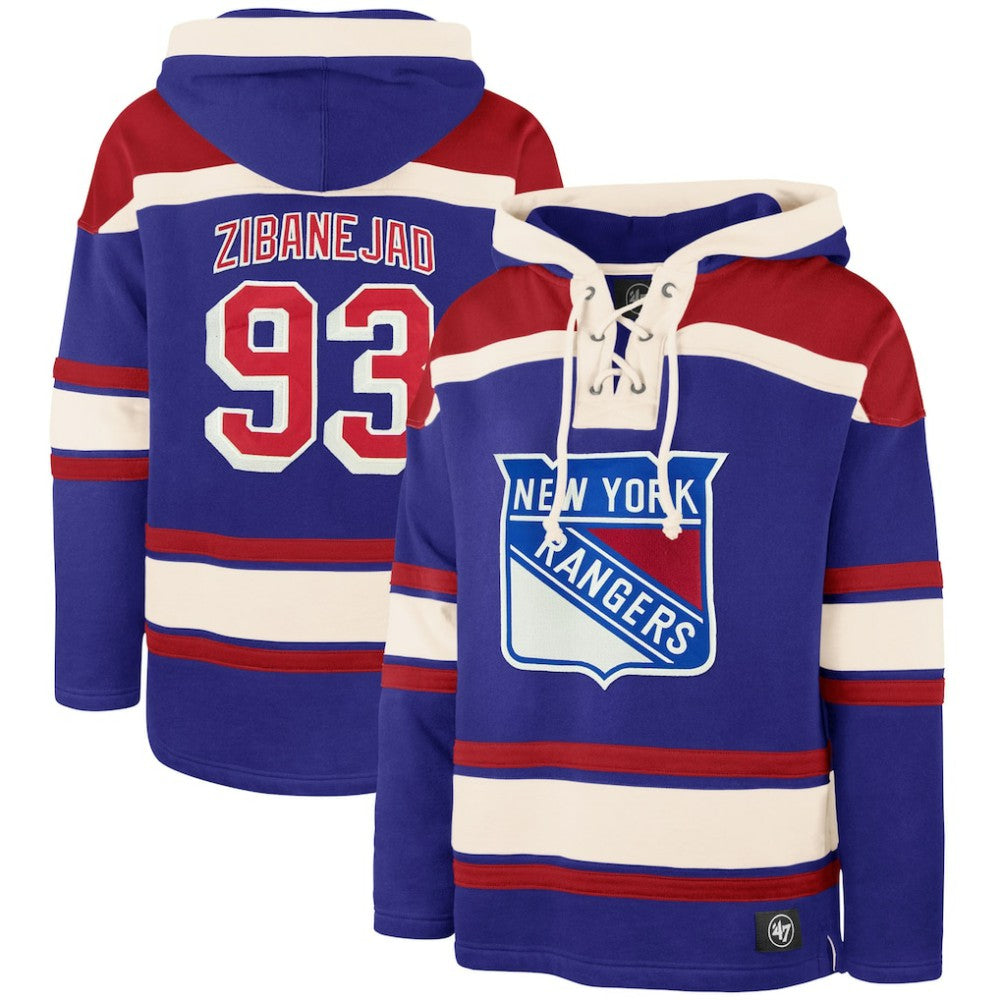 Mika Zibanejad New York Rangers '47 Player Name & Number Lacer Pullover Hoodie - Blue Hoodies