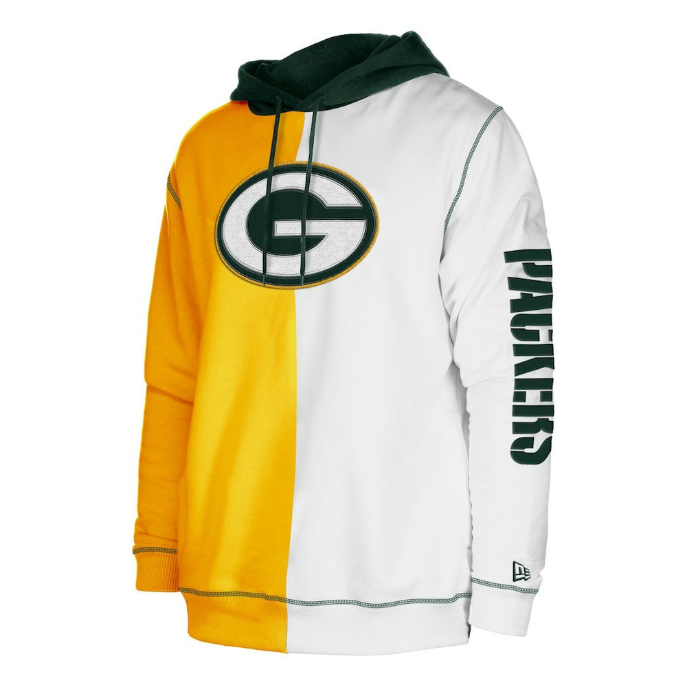 Green Bay Packers New Era Third Down Split Raglan Pullover Hoodie - Gold/White on sale