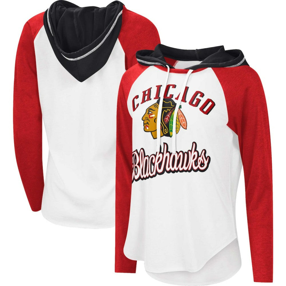 Chicago Blackhawks G-III 4Her by Carl Banks Women's MVP Raglan Lightweight Hooded T-Shirt - White/Heather Red T-shirts