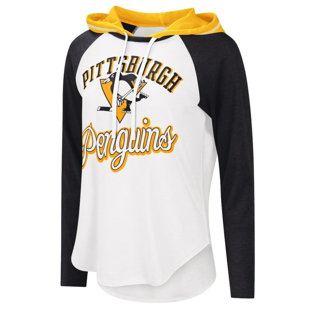 Pittsburgh Penguins G-III 4Her by Carl Banks Women's MVP Raglan Lightweight Hooded T-Shirt - White/Heather Black T-shirts