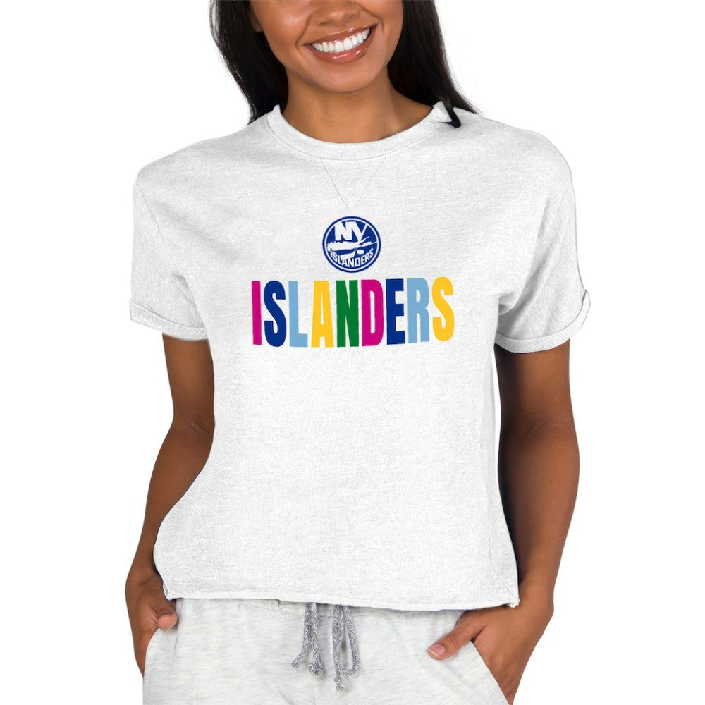 New York Islanders Concepts Sport Women's Tri-Blend Mainstream Terry Short Sleeve Sweatshirt Top - Oatmeal Sweatshirts