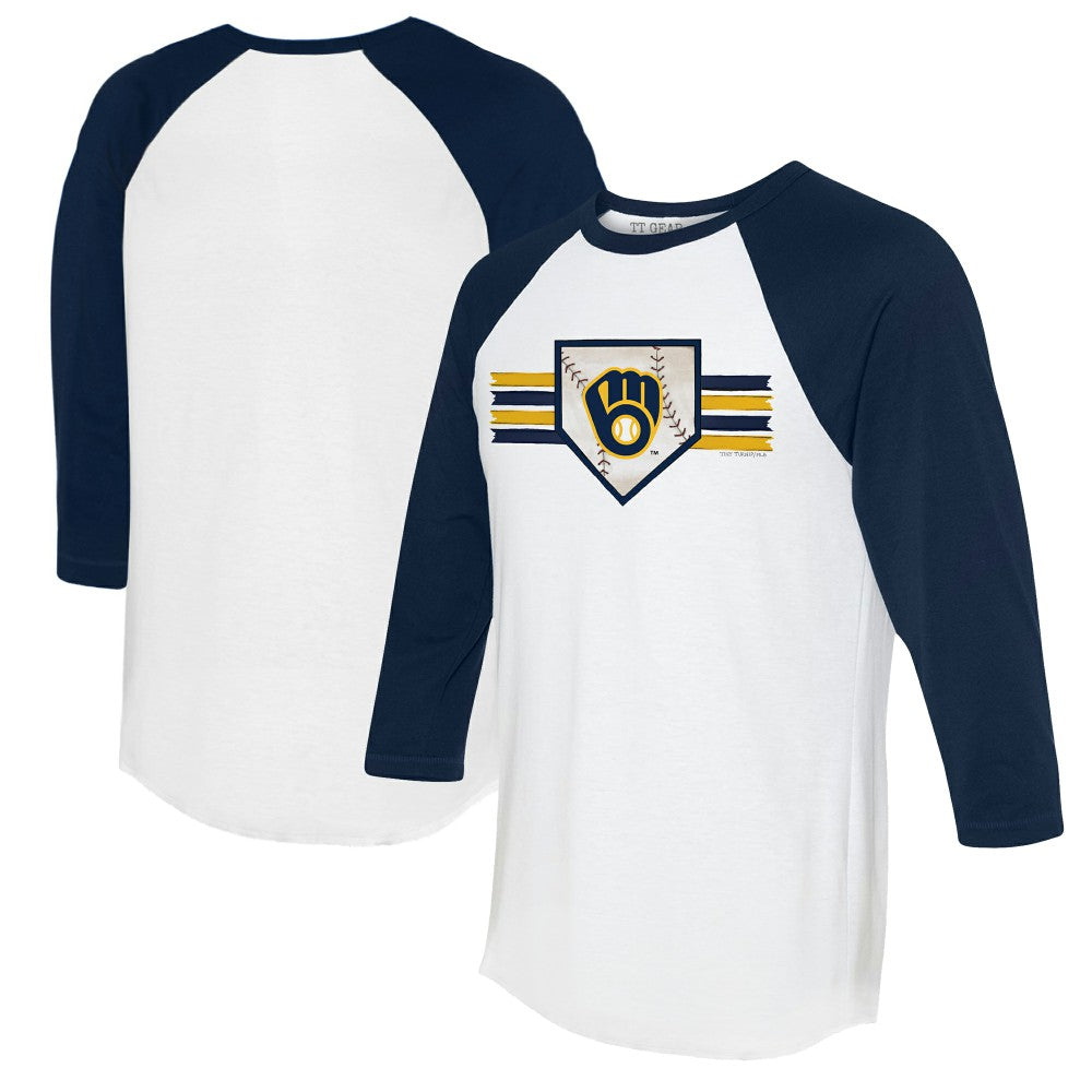 Milwaukee Brewers Tiny Turnip Women's Base Stripe 3/4-Sleeve Raglan T-Shirt White/Navy