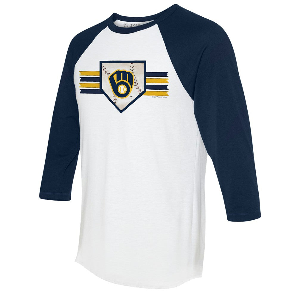Milwaukee Brewers Tiny Turnip Women's Base Stripe 3/4-Sleeve Raglan T-Shirt White/Navy